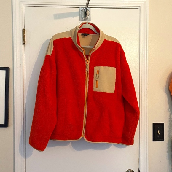 J. Crew Superplush Sherpa Full Zip Jacket Orange Colorblock - Picture 2 of 16